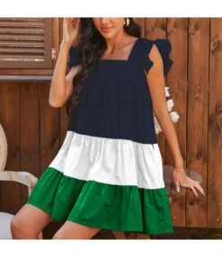 Colorblock Square Collar Frill Sleeve Suspender Summer Smocked Dress Wholesale Dresses N5323030700093
