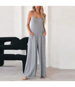 Thin Loose Wide-Leg Solid Color Suspender Jumpsuit Wholesale Women'S Clothing N4623051900047