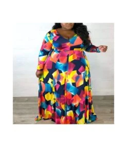 Wholesale Plus Size Clothing Fashion Printed Elastic Waist Pullover Dress N5923091200035