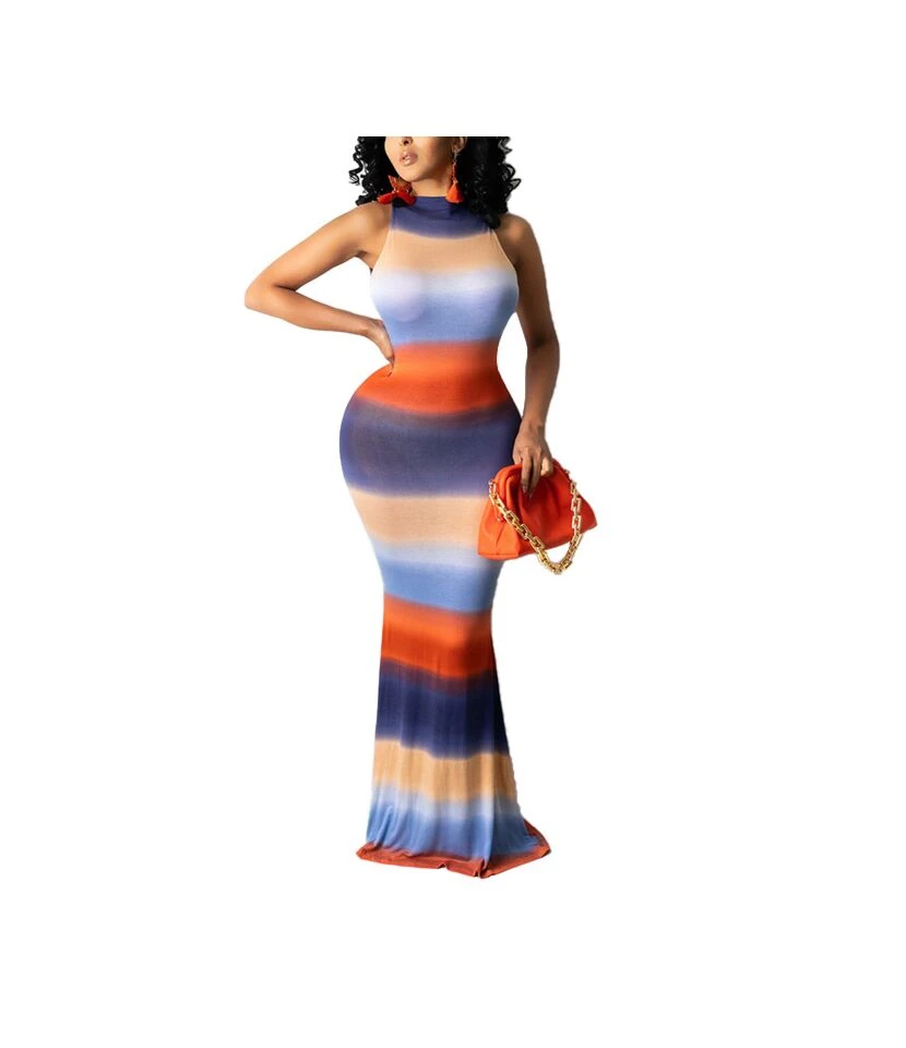 Colorblock Print Sleeveless Tight Slim Bag Hip Bodycon Tank Dress Wholesale Maxi Dresses Floor-Length SDN533088