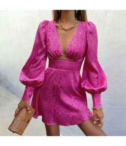 Sexy Deep V-Neck Cutout Jacquard Satin A-Line Dress Wholesale Dresses SDN538609