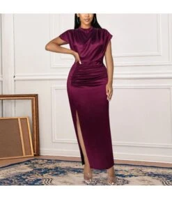 Slim Pleated Slit Solid Color Temperament Round Neck Maxi Dress Wholesale Dresses SDV463695