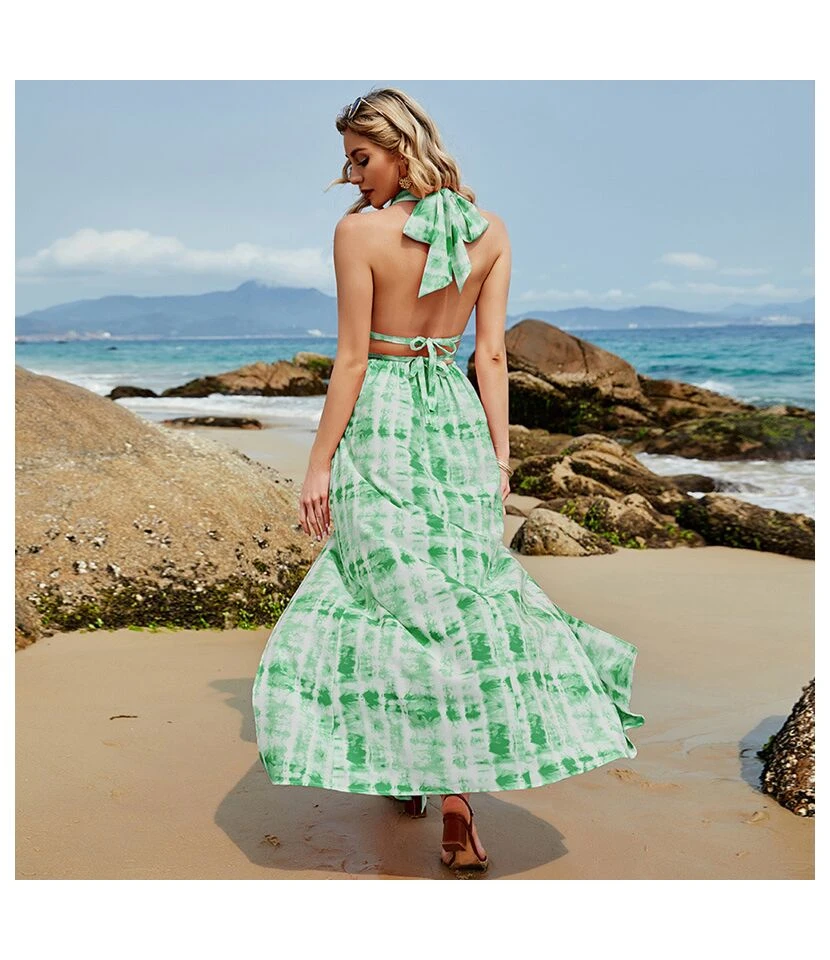 Backless Halter Wholesale Maxi Dresses Slit Design Off Shoulder Printed SD181694 - Image 10