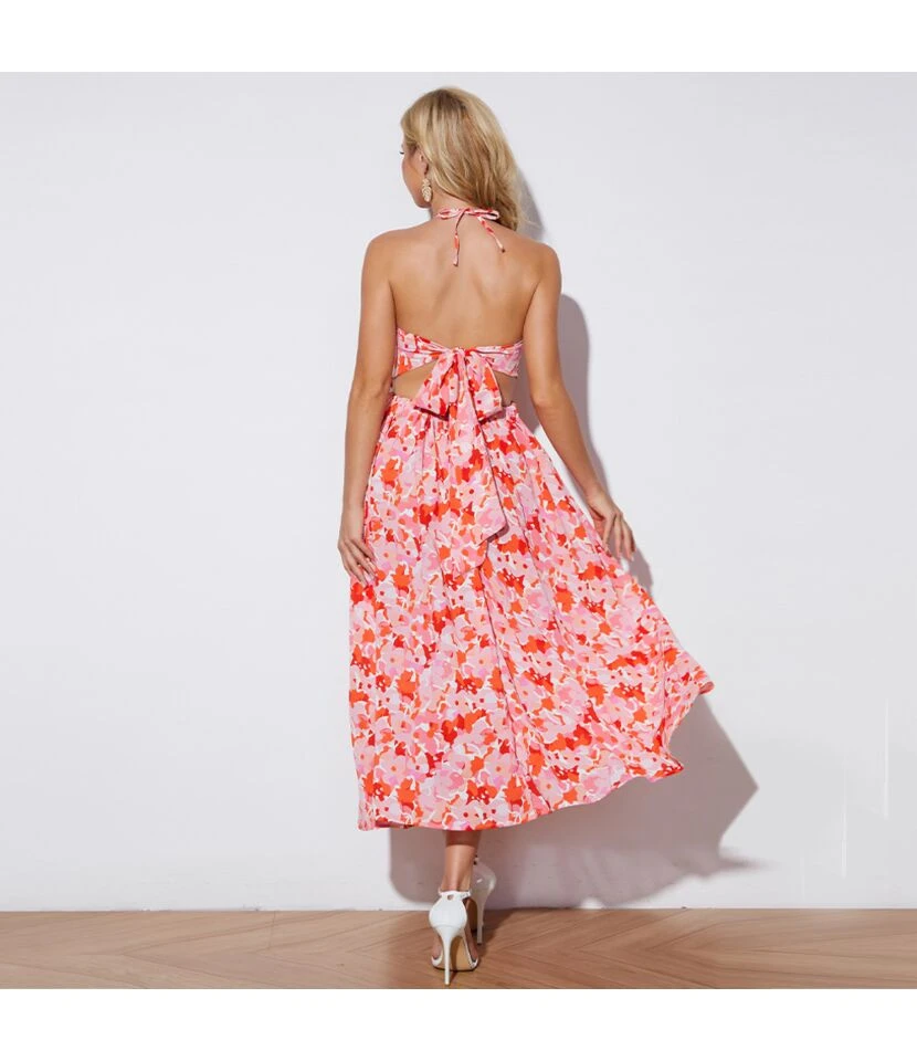 Women Floral Print Halterneck Sleeveless Backless Wholesale Swing Dresses SDN580513 - Image 7