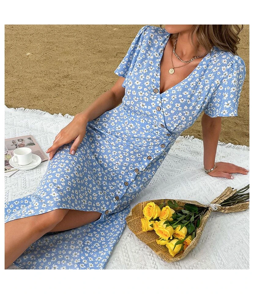 Women Floral Print V Neck Short Sleeve Button High Slit Wholesale Swing Dresses SDN580404 - Image 3