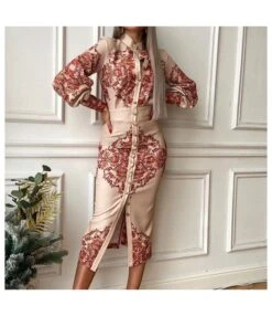 Women Sexy Printed Stand Collar Long Sleeve Dress Vendors SD202526