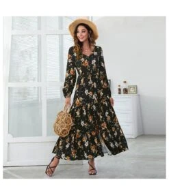Women Floral Print Long Sleeve V Neck Side Slit Hem Wholesale Swing Dresses SDN580486