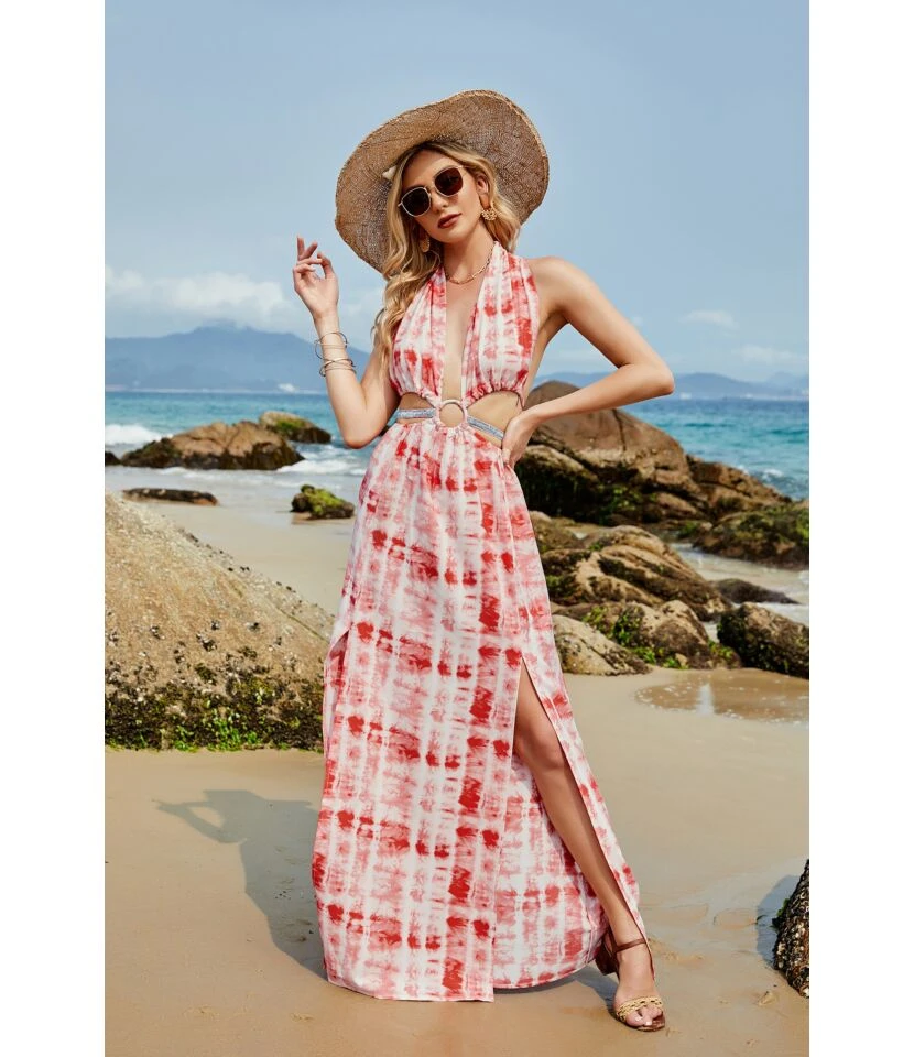 Backless Halter Wholesale Maxi Dresses Slit Design Off Shoulder Printed SD181694 - Image 6