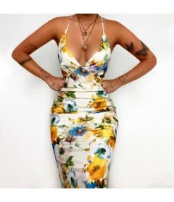 Women Floral Print Spaghetti Strap Sleeveless Deep V Neck Wholesale Cami Dresses SDN580734