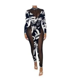 Sexy Autumn Abstract Fashion Print Mesh Stitching Womens Sweat Suits Cheap Wholesale Jumpsuits SJ180705