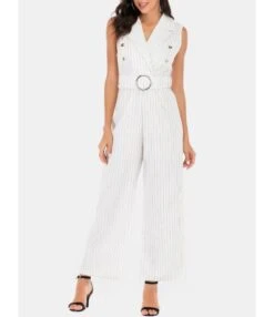 White Belted Sleeveless Blazer Jumpsuits
