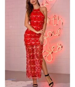 Tassel Trim Sequins Halter Split Dress