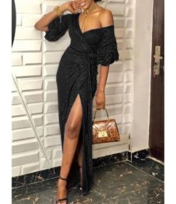 V Collar Ruched Puff Sleeve Belted Wrap Maxi Dress