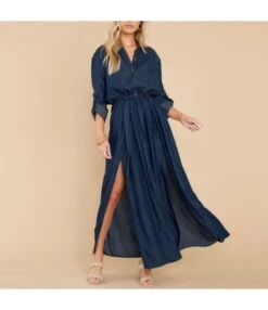 Fashion Long Sleeve Tie-Up Slit Denim Shirtdress Wholesale Maxi Dresses SDN536035