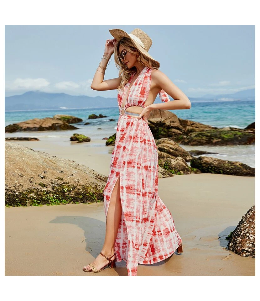 Backless Halter Wholesale Maxi Dresses Slit Design Off Shoulder Printed SD181694 - Image 8