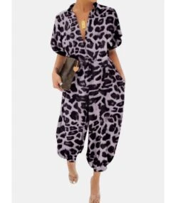 Lapel Collar Lace-up Leopard Jumpsuit