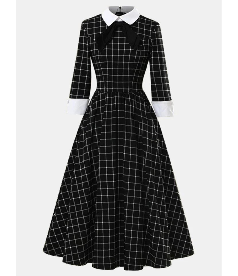 Half Sleeve Bow Trim Plaid Vintage Dress
