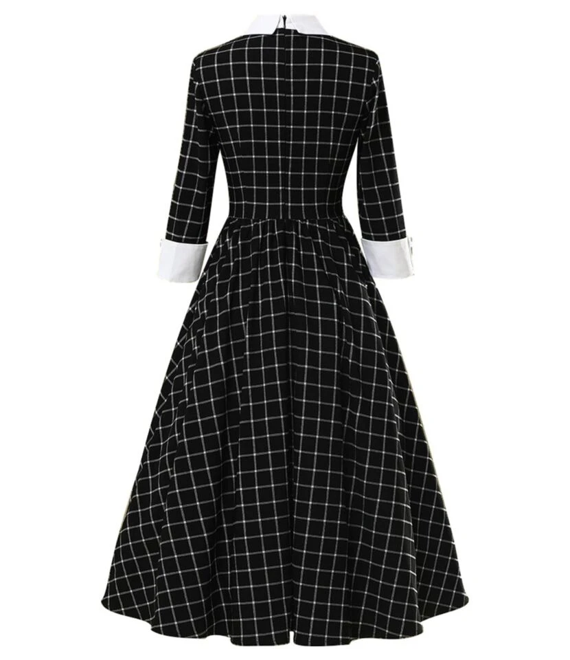 Half Sleeve Bow Trim Plaid Vintage Dress - Image 3