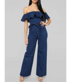 Off Shoulder Ruffle Trim Zipper Back Belted Denim Jumpsuit