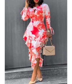 Irregular Keyhole Neck Drawstring Sleeve Ruffle Tie-dye Dress