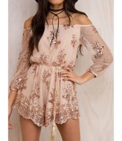 Off-shoulder Tight Waist Flower Pattern Sequin Fake Two Peices Jumpsuit