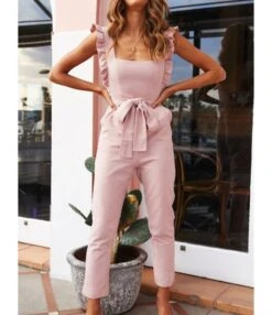 Fungus Trim Solid Color Jumpsuit With Belt