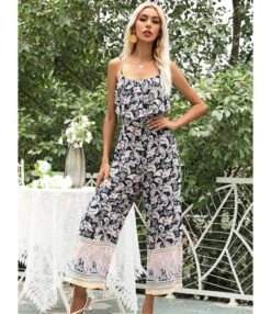 Sleeveless Ruffle Trim All-over Print Wide-legs Cami Jumpsuit 210524415