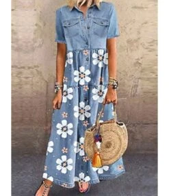 Pockets Detail Single Breasted Floral Print Swing Maxi-dress 210609070
