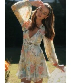 Deep V-neck Puff Sleeve Floral Print Dress 210728758