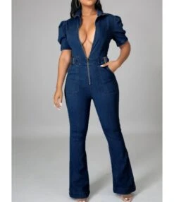 Lapel Collar Zipper Short Sleeve Denim Jeans Rompers 210810026