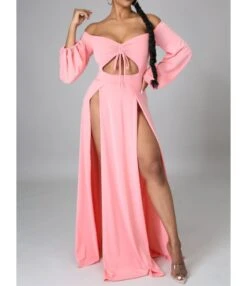 Sexy Off Shoulder Chest Wrap Hollow Thigh Split Maxi-dress 210810108