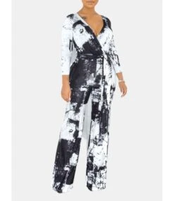 Tie Dye & Tiger Print Surplice Collar Lace-up Waist Jumpsuit 210810319
