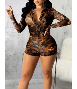 Best-seller Fashion Leopard Shirt Strappy Jumpsuit 210810448