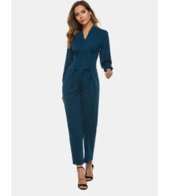 V-neck Office Wear Solid Strappy Waist Women Jumpsuit 210820218