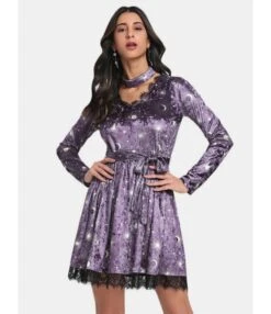 Velvet Vintage Moon Print Lace Stitching Lace-up Waist Dress With Necklace 210820866