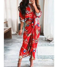 Floral Printed Long Sleeve Lapel Collar Dress 210824308