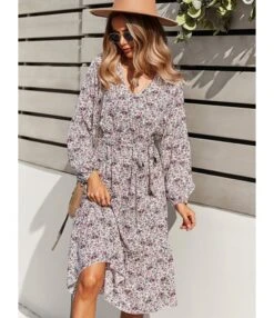 Classic V-Neck Floral Pattern Long Sleeve Dress With Belted 210824675