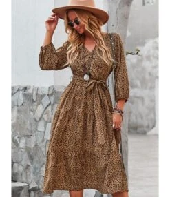 Half Sleeve Leopard Lace-up Waist Swing Dress Wholesale Dresses 210824953