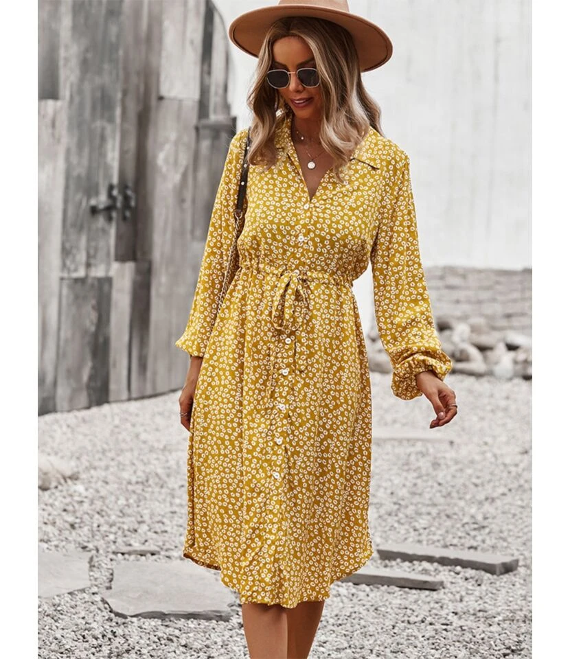 Turn-Down Collar Button Down Drawstring Midi Dress 210824956 - Image 7