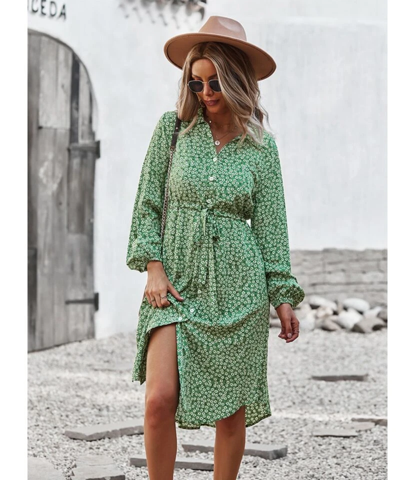 Turn-Down Collar Button Down Drawstring Midi Dress 210824956 - Image 8