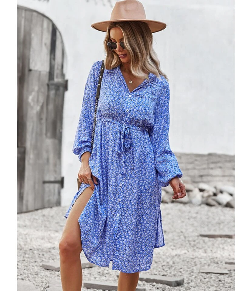 Turn-Down Collar Button Down Drawstring Midi Dress 210824956 - Image 9