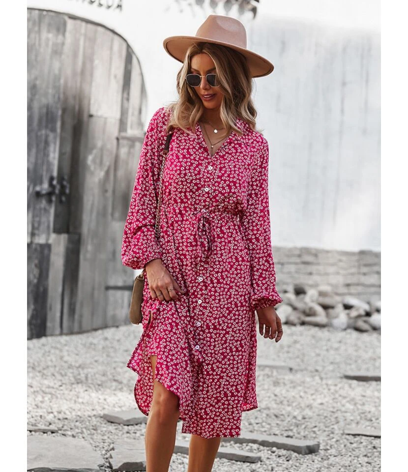 Turn-Down Collar Button Down Drawstring Midi Dress 210824956