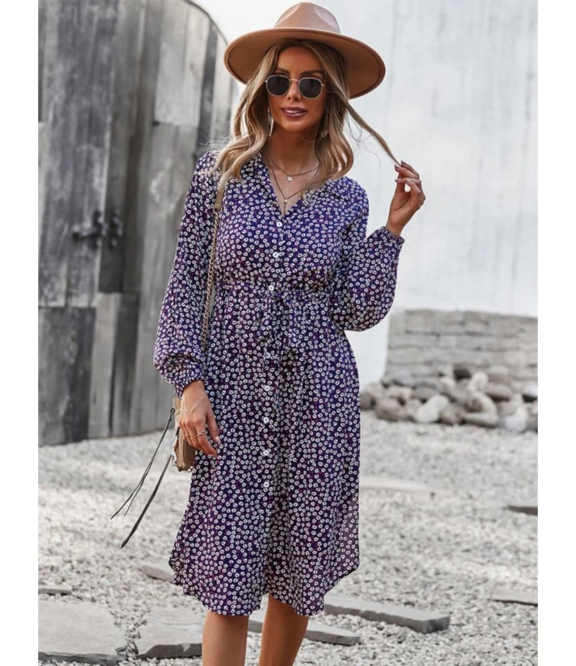 Turn-Down Collar Button Down Drawstring Midi Dress 210824956 - Image 10