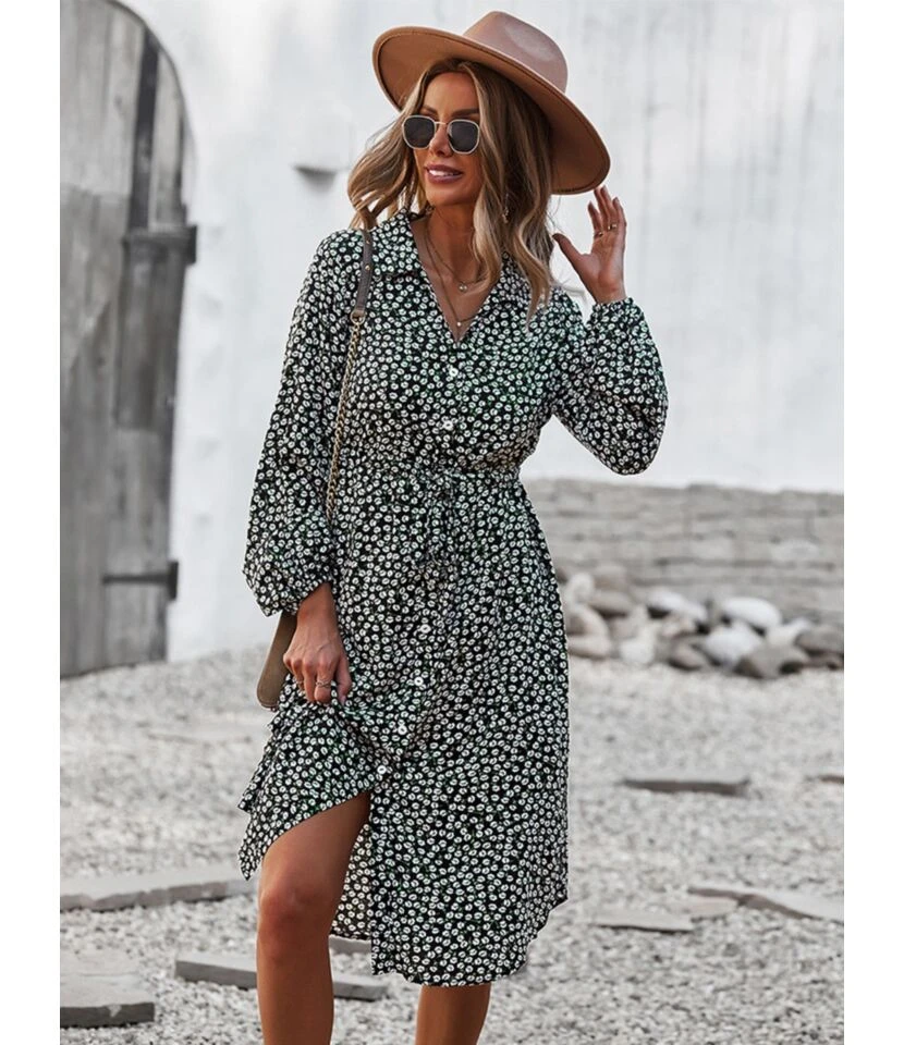 Turn-Down Collar Button Down Drawstring Midi Dress 210824956 - Image 11