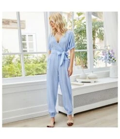 Tie-Up Solid Loose V-Neck Wholesale Jumpsuits SJ183647