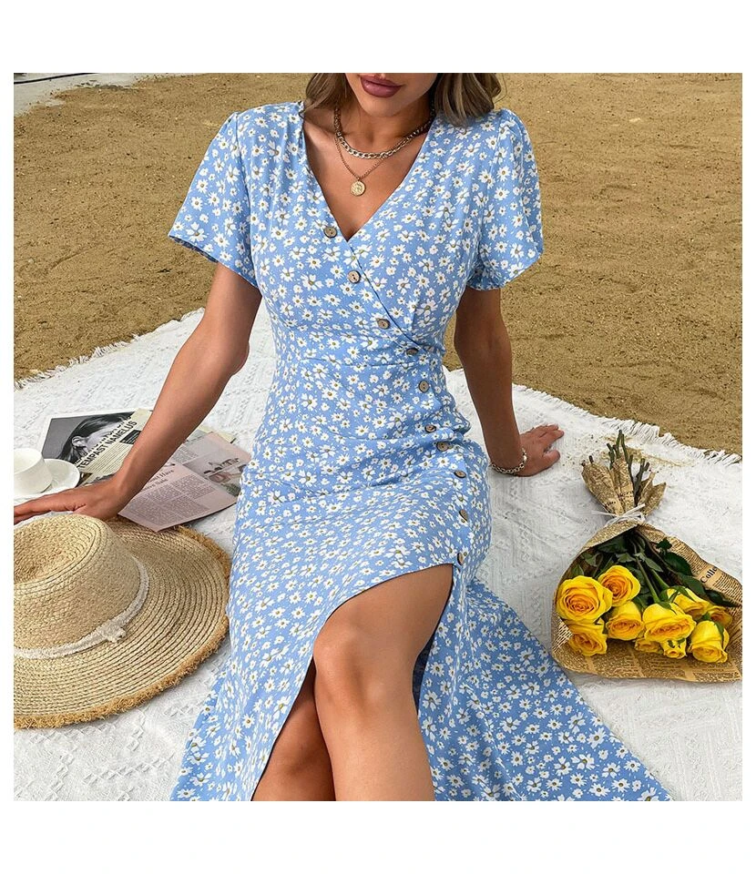 Women Floral Print V Neck Short Sleeve Button High Slit Wholesale Swing Dresses SDN580404