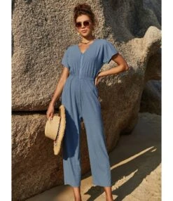 V-neck Elastic Waist Zipper Detail Wide-leg Jumpsuit