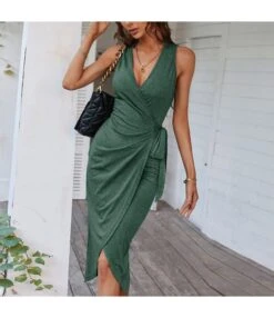 Sexy Deep V-Neck Slit Dress Sleeveless Solid Color Lace-Up Midi Wholesale Dresses SDN560619