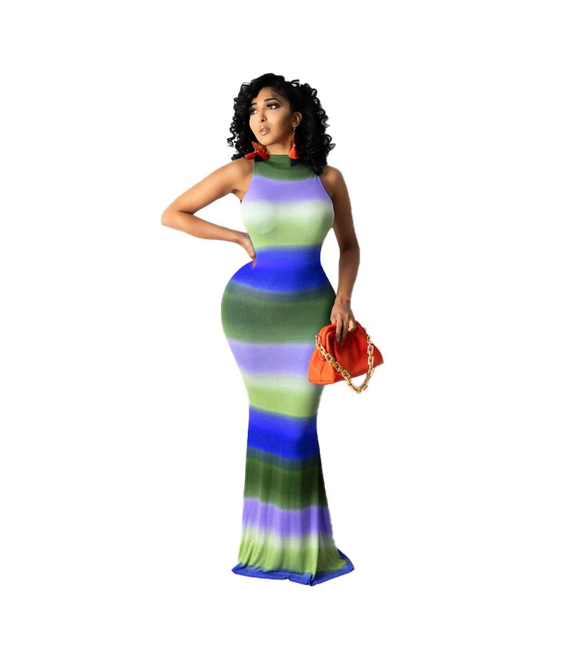 Colorblock Print Sleeveless Tight Slim Bag Hip Bodycon Tank Dress Wholesale Maxi Dresses Floor-Length SDN533088 - Image 4