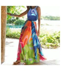 Geometric Print Halterneck Sleeveless Lace-Up Wide Swing Dress Vacation Wholesale Maxi Dresses SDN533211